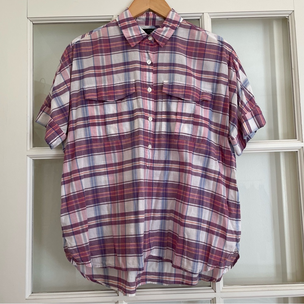 J Crew short sleeve popover purple blue orange plaid button up collared shirt 4